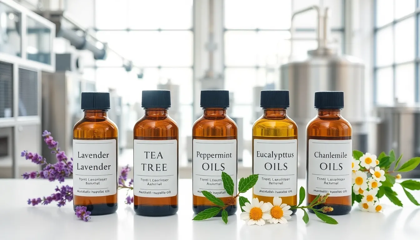 Selection of labeled healing oil bottles with fresh botanicals in a bright lab setting.