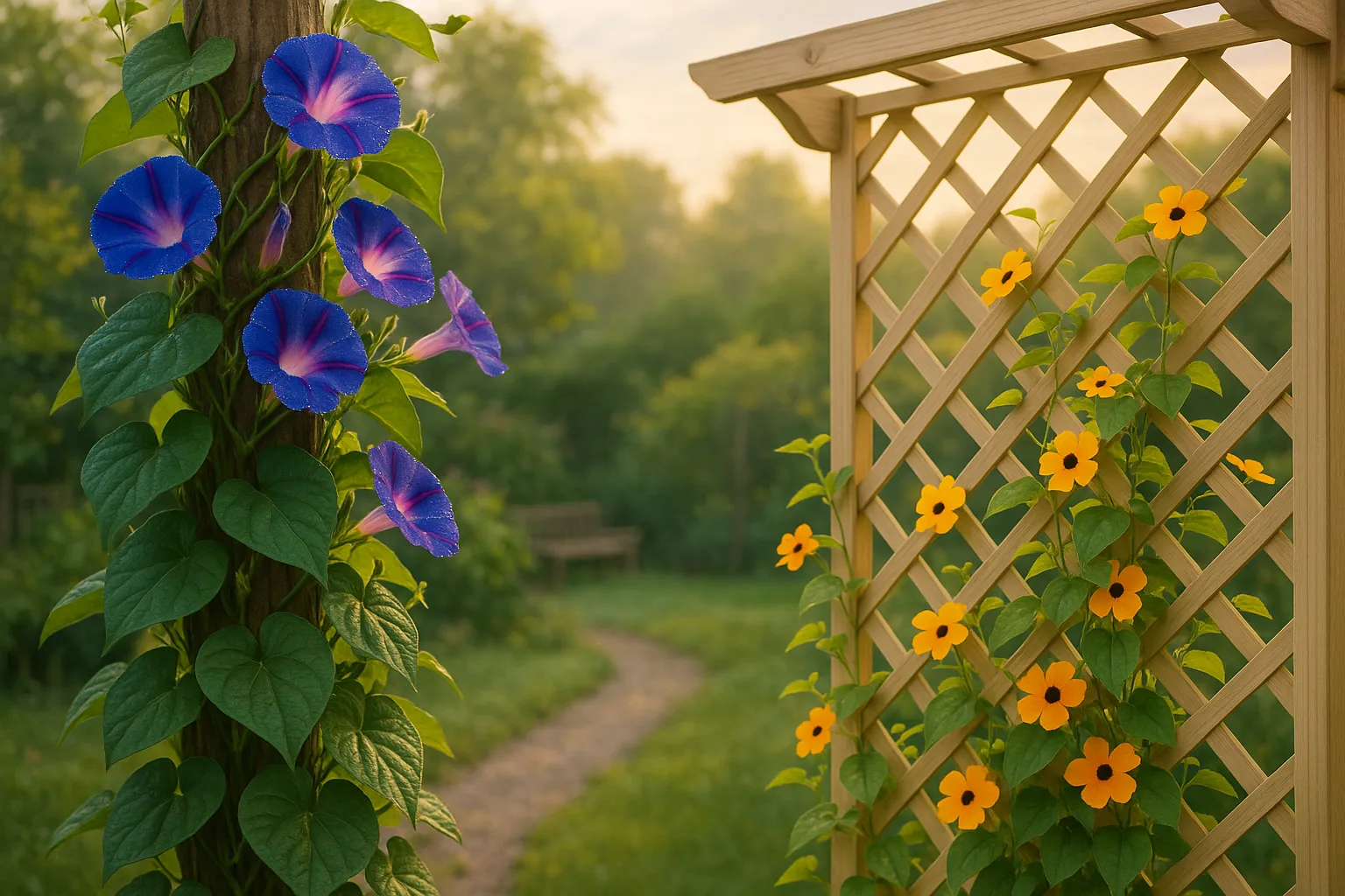 Morning glory twining densely left; Black-eyed Susan vine trailing right in morning light.