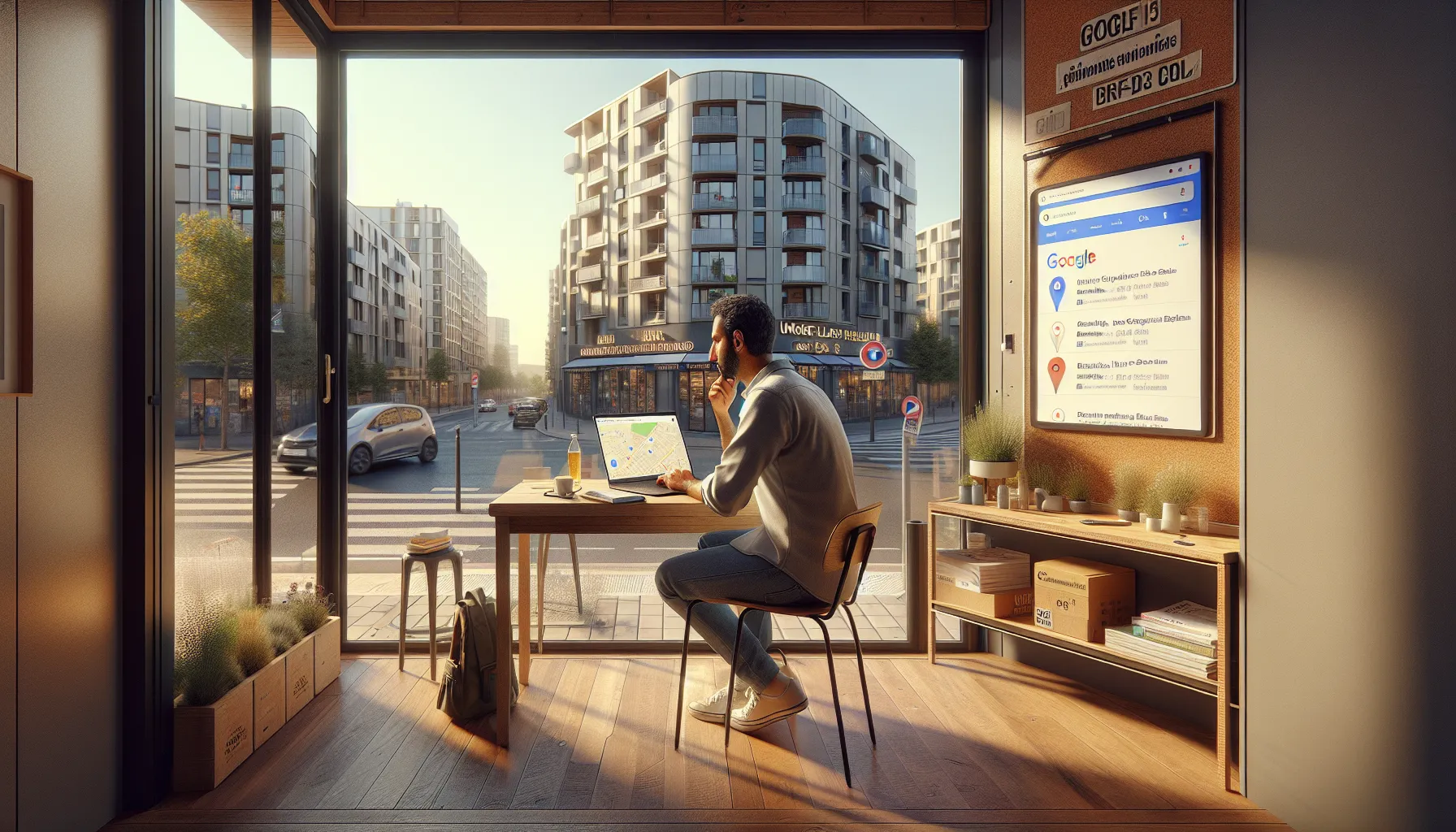 Local business owner in Créteil checking Google and Google Maps visibility on laptop.