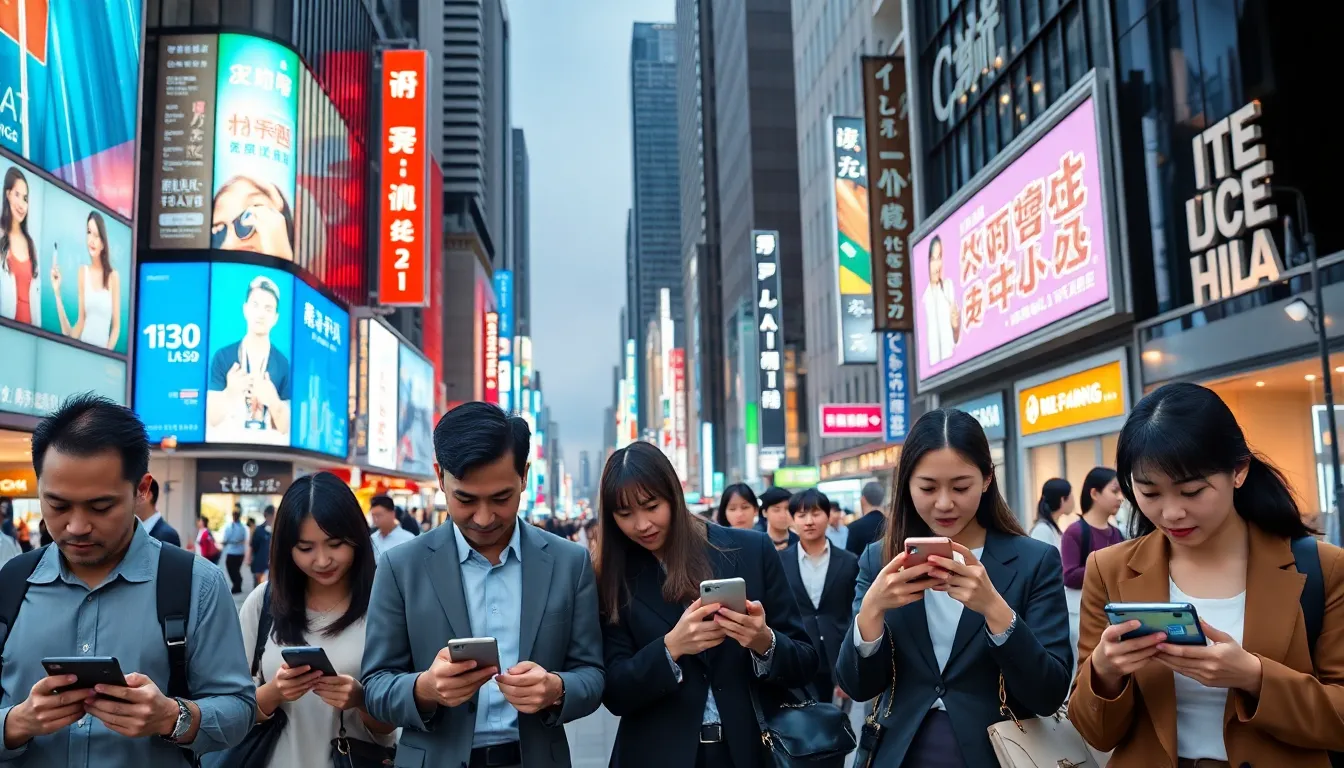 diverse professionals using technology on a busy Tokyo street.