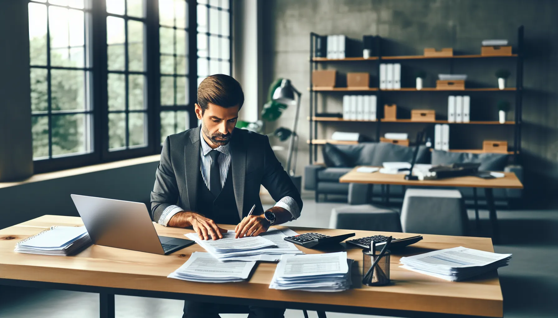 Professional reviewing tax documents and forms at modern office desk