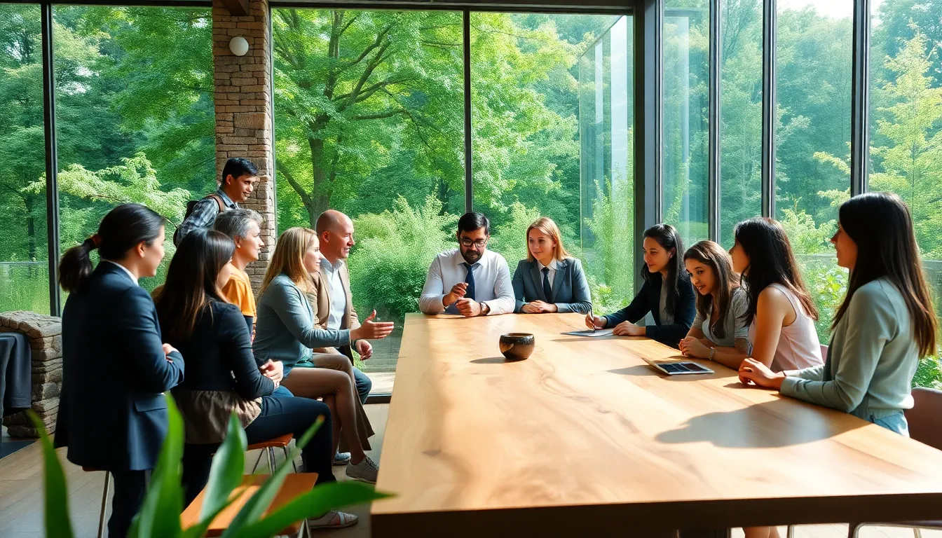 Diverse professionals discussing sustainability at the Omega Center.