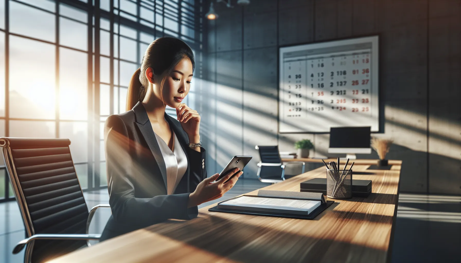 professional woman discussing on a smartphone in a modern office.