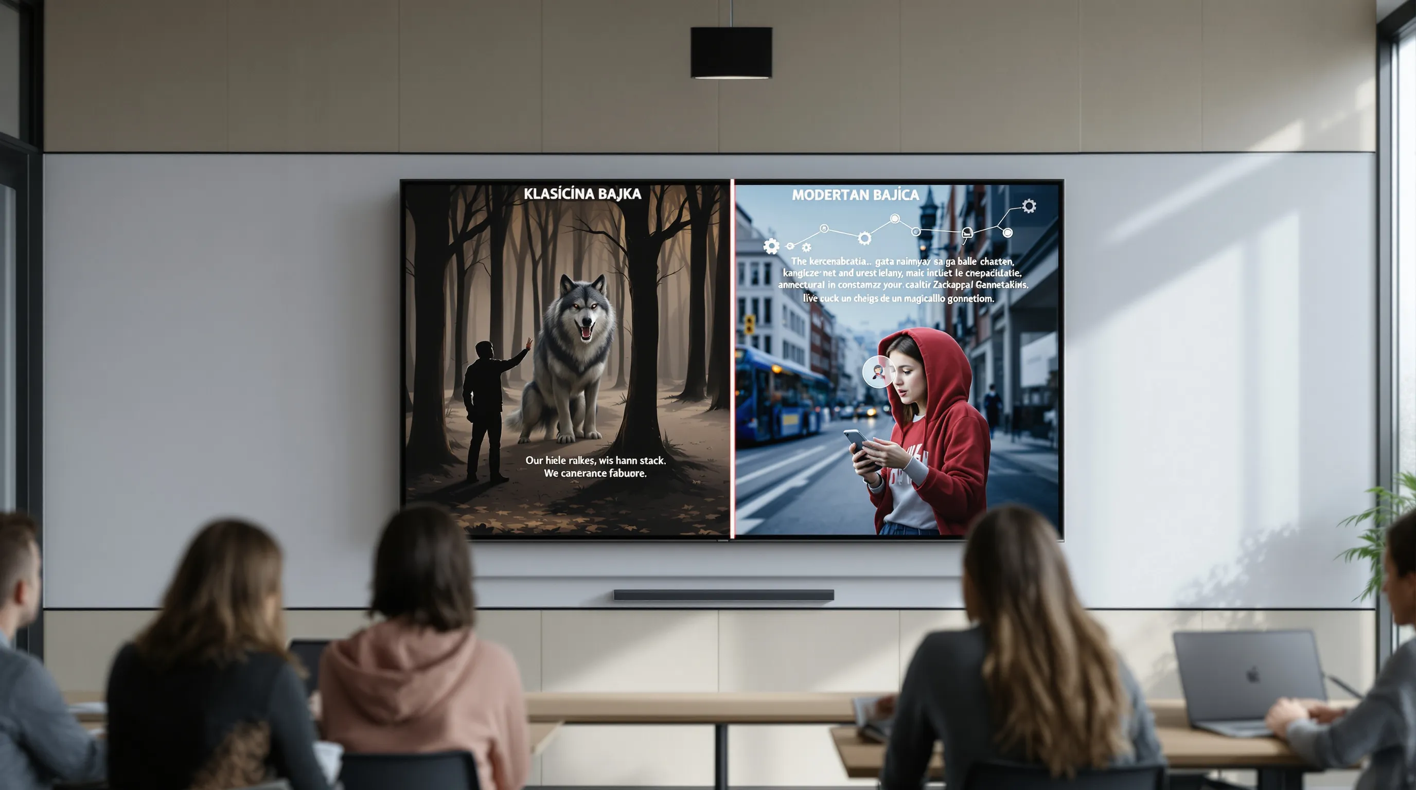 Teacher compares classic and modern fairy tales in a Croatian classroom.