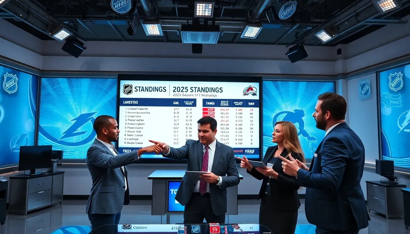 sports analysts discussing NHL standings in a modern newsroom.