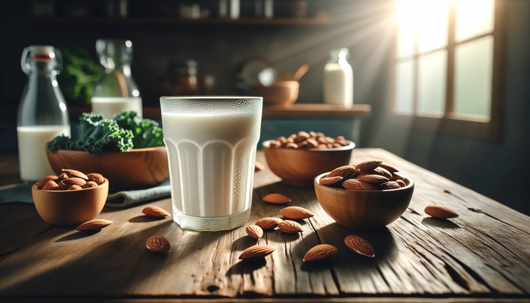 a glass of almond milk with almonds on a wooden kitchen counter.