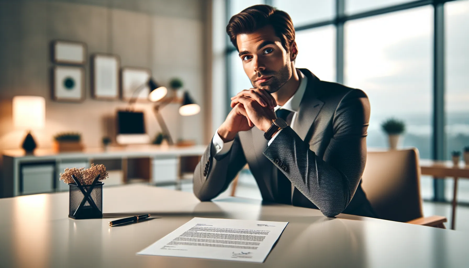 Croatian professional reviewing resignation letter at modern office desk