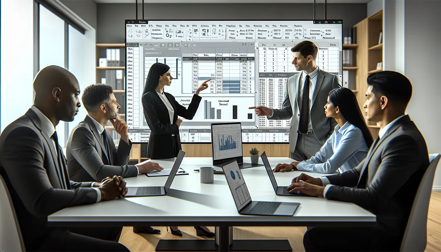 Business team reviewing greyed-out Analyze in Excel option connected to Power BI data.