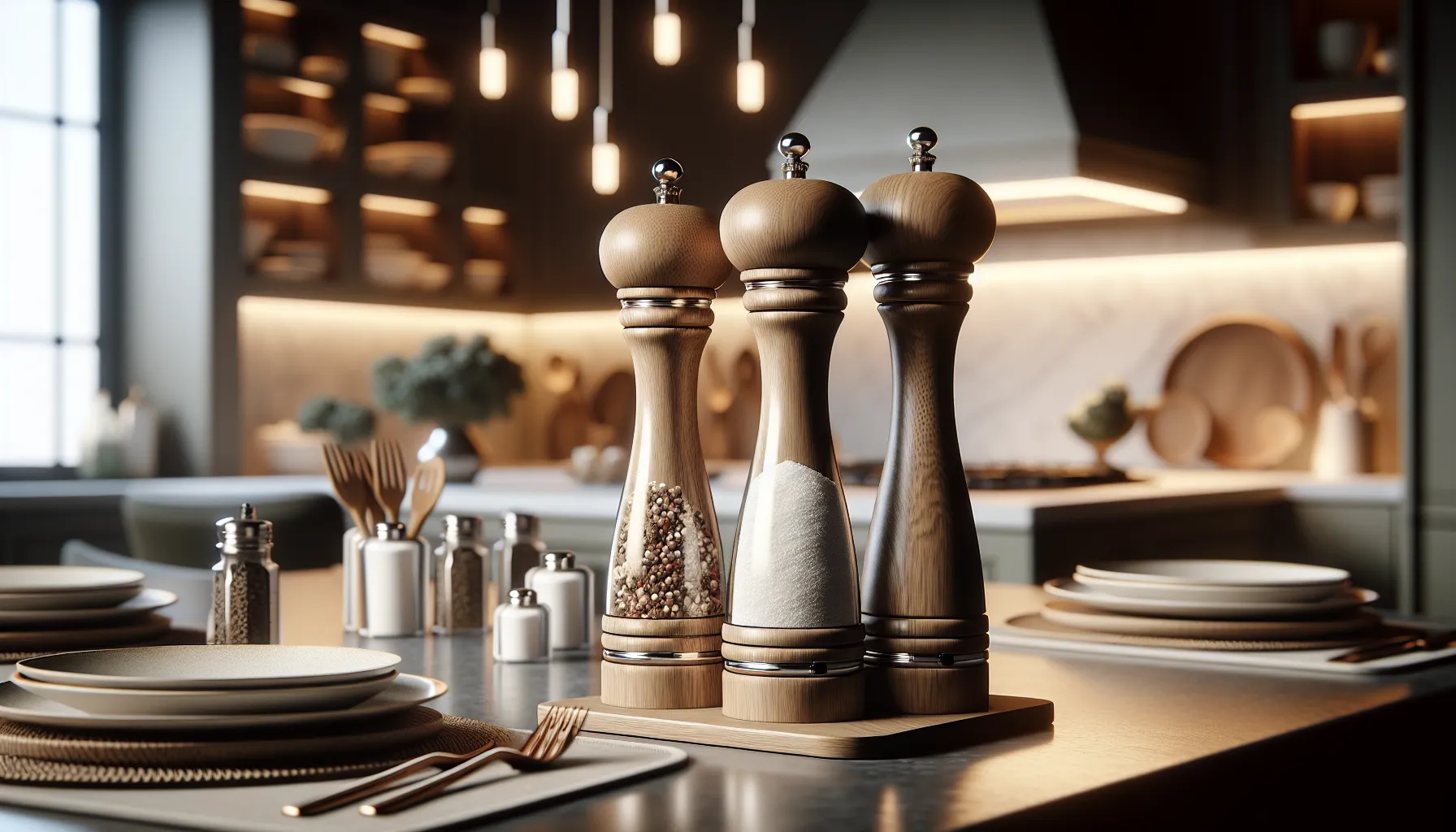 elegant Beau Mac salt and pepper mills on a kitchen countertop.