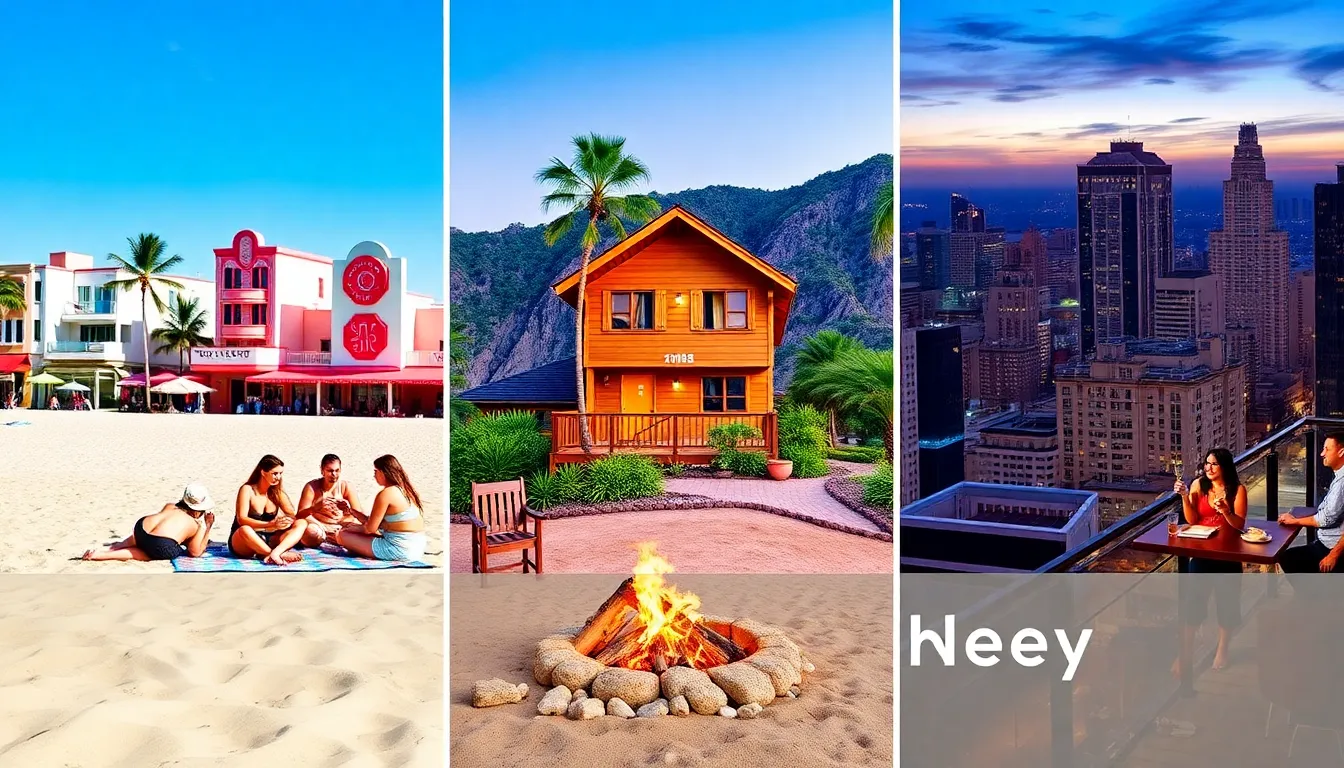 collage of birthday getaway scenes: beach, mountains, and city.