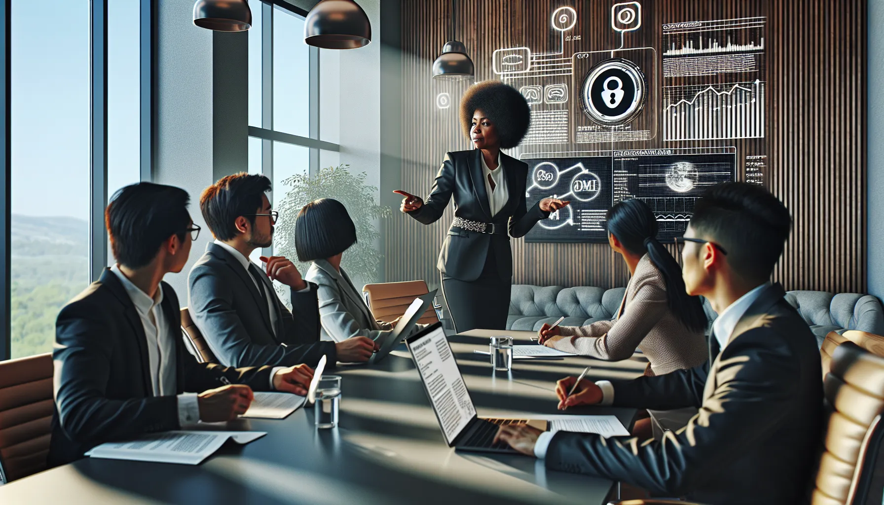 professionals discussing copyright issues in a modern office.