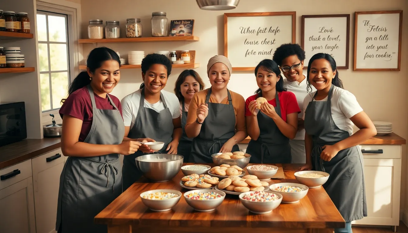 diverse bakers creating cookies in a cozy kitchen environment.