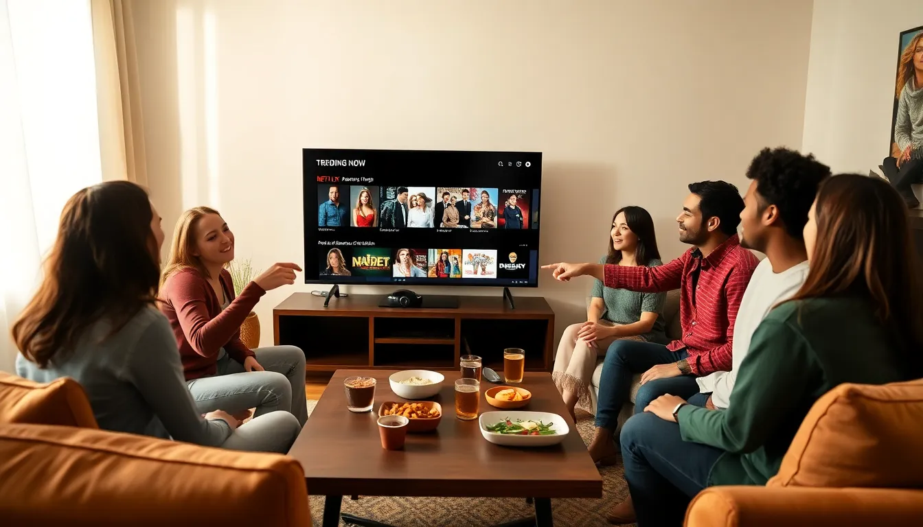 Friends enjoying a movie night while viewing Netflix’s trending shows.