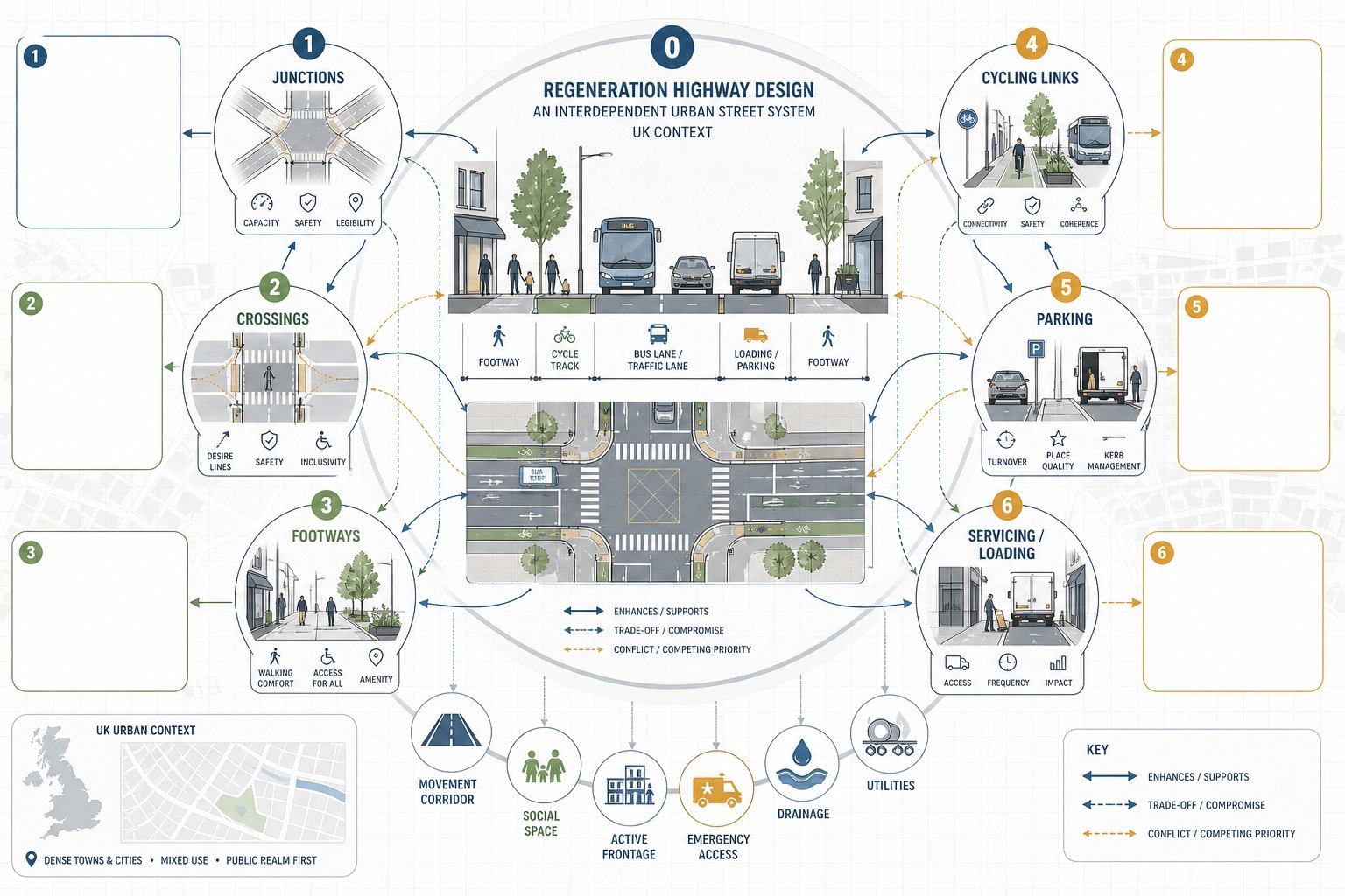 Infographic of interconnected street design elements in a UK regeneration scheme.
