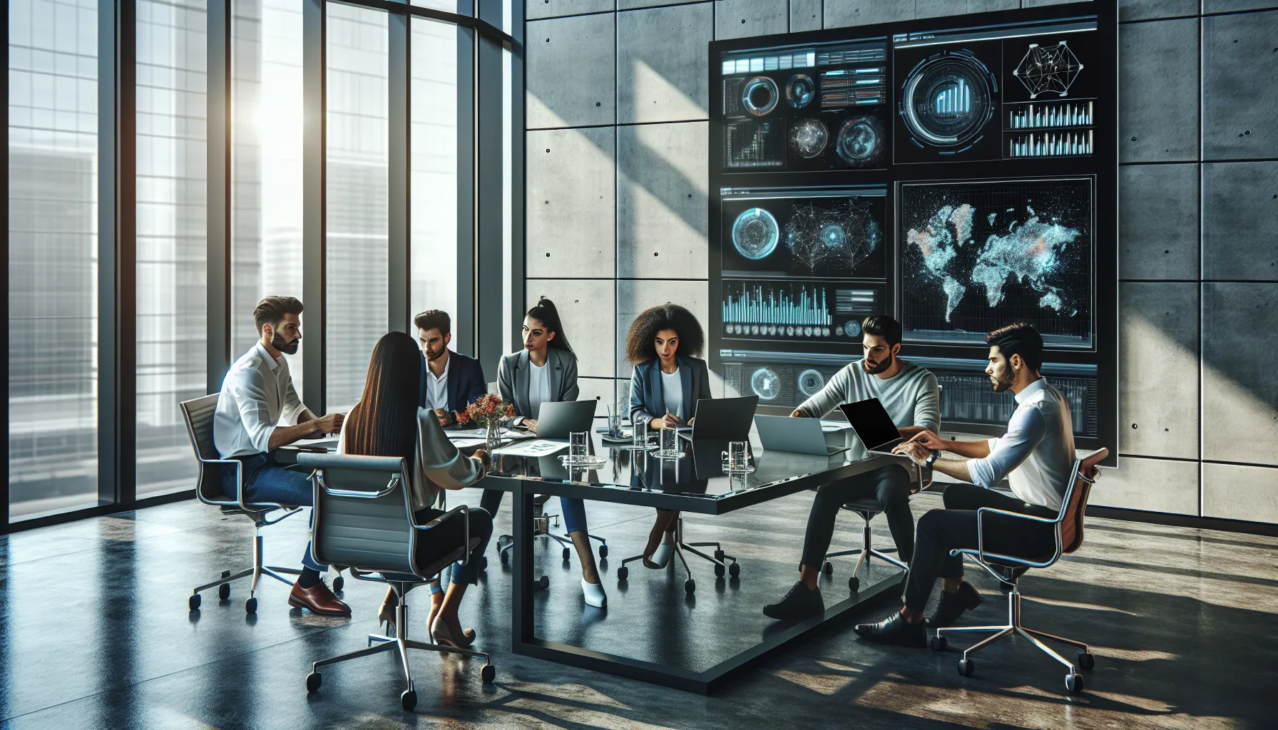 diverse team collaborating around advanced technology in a modern office.