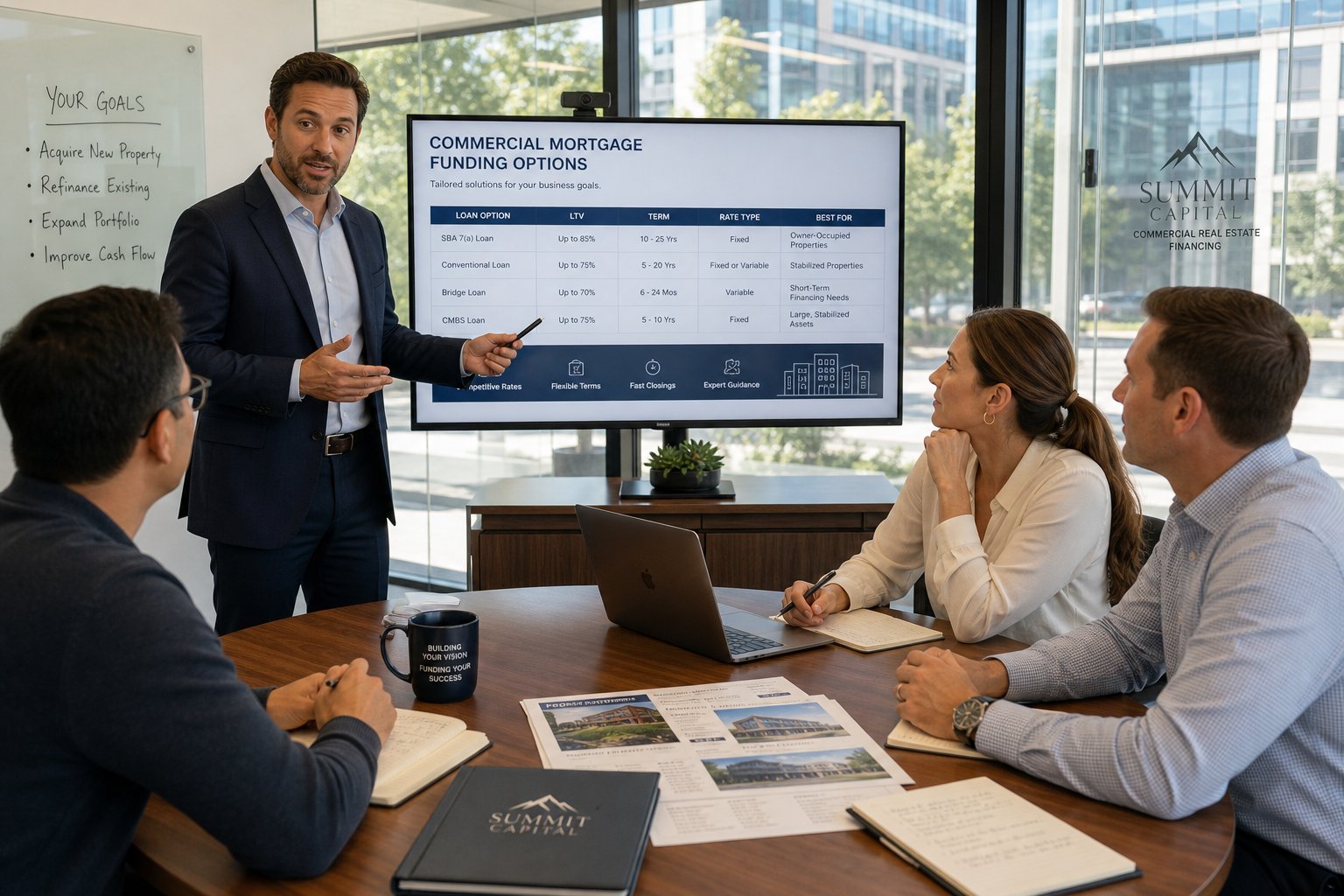 Consultant presenting commercial mortgage options to business partners in a glass meeting room.