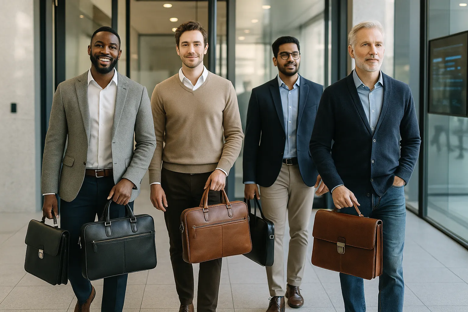 Men with leather briefcases in a modern office lobby.