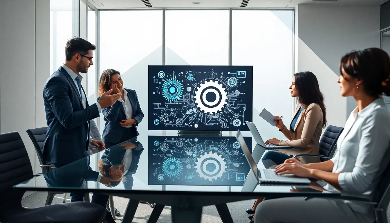 diverse team discussing technological innovation in a modern office.