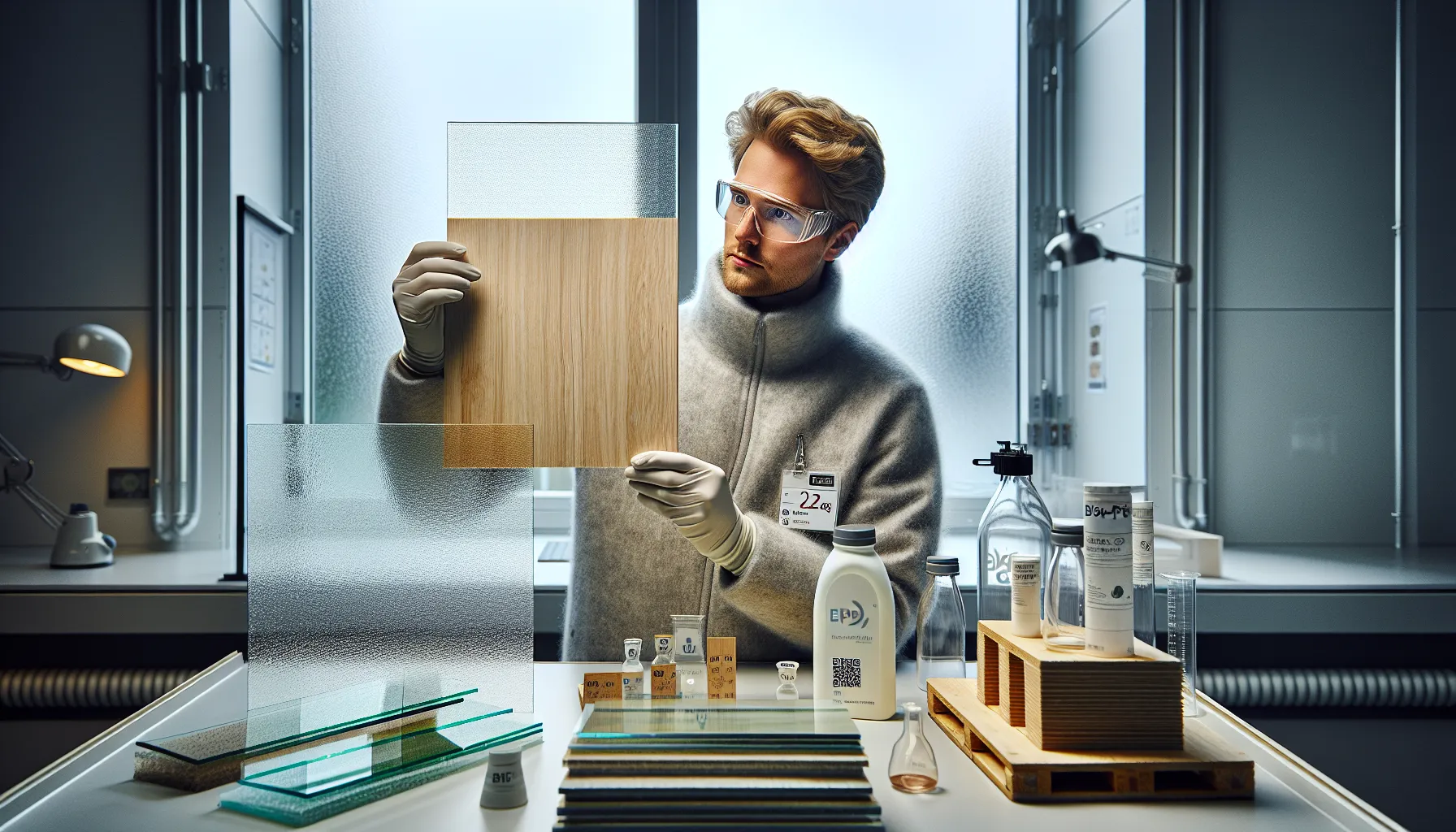 Researcher examines transparent wood as eco-friendly glass alternatives sit on a lab bench.