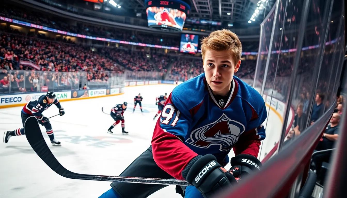 Nathan MacKinnon in action during an NHL game between Avalanche and Blackhawks.