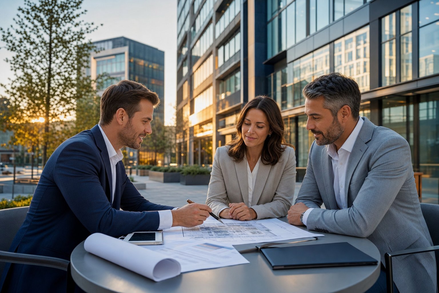 Commercial Mortgage Brokers Preston 2 Commercial mortgage advisor meeting with business owners outside a modern office building in a polished urban setting at golden hour.