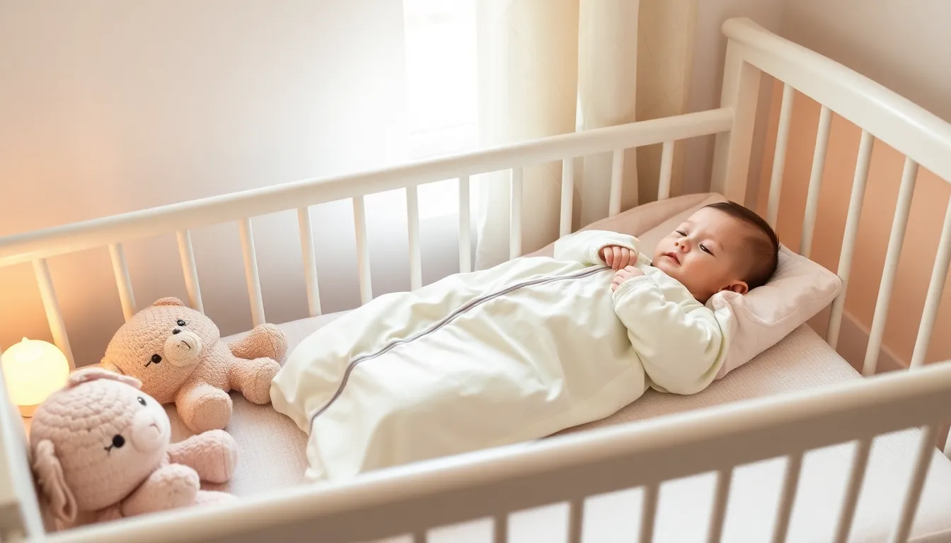 A baby sleeping in a cozy sleep sack in a nursery.