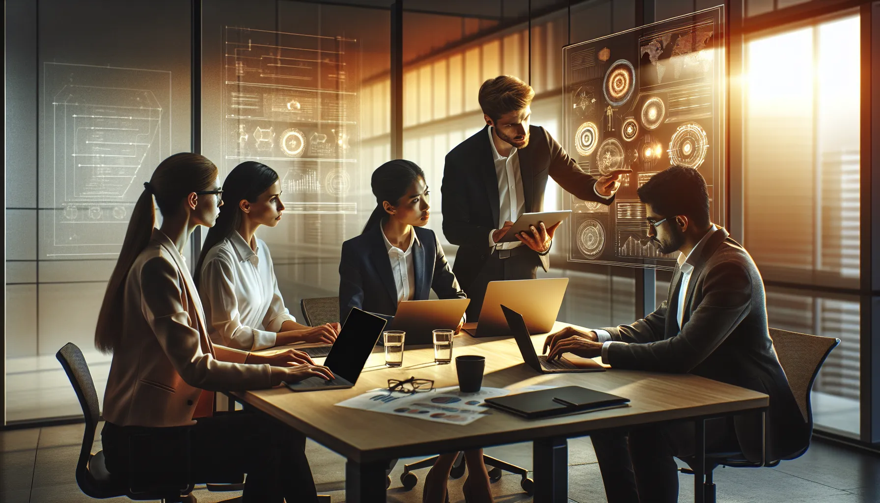 diverse team discussing technology in a modern office.