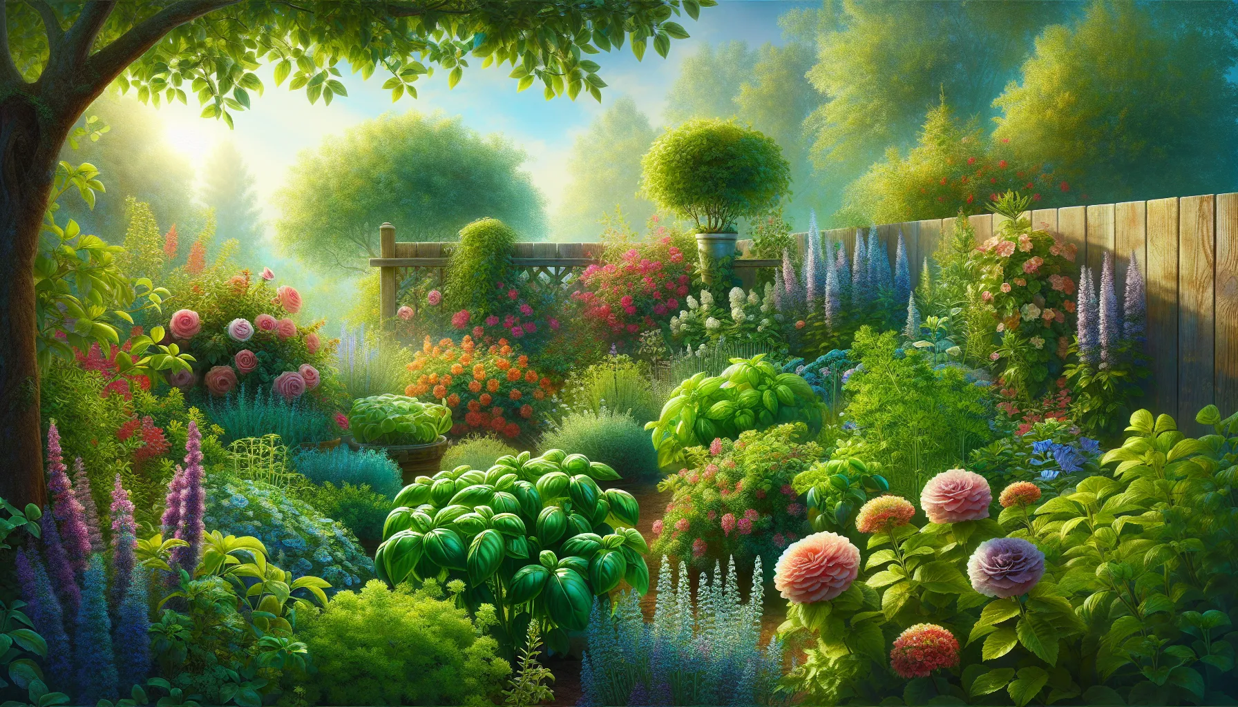 A garden displaying herbs and flowering shrubs under a clear sky.