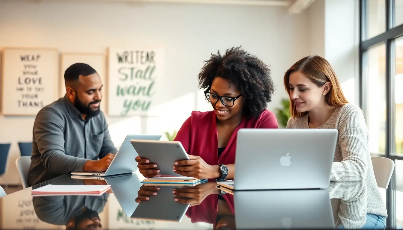 diverse group of writers collaborating in a modern workspace.