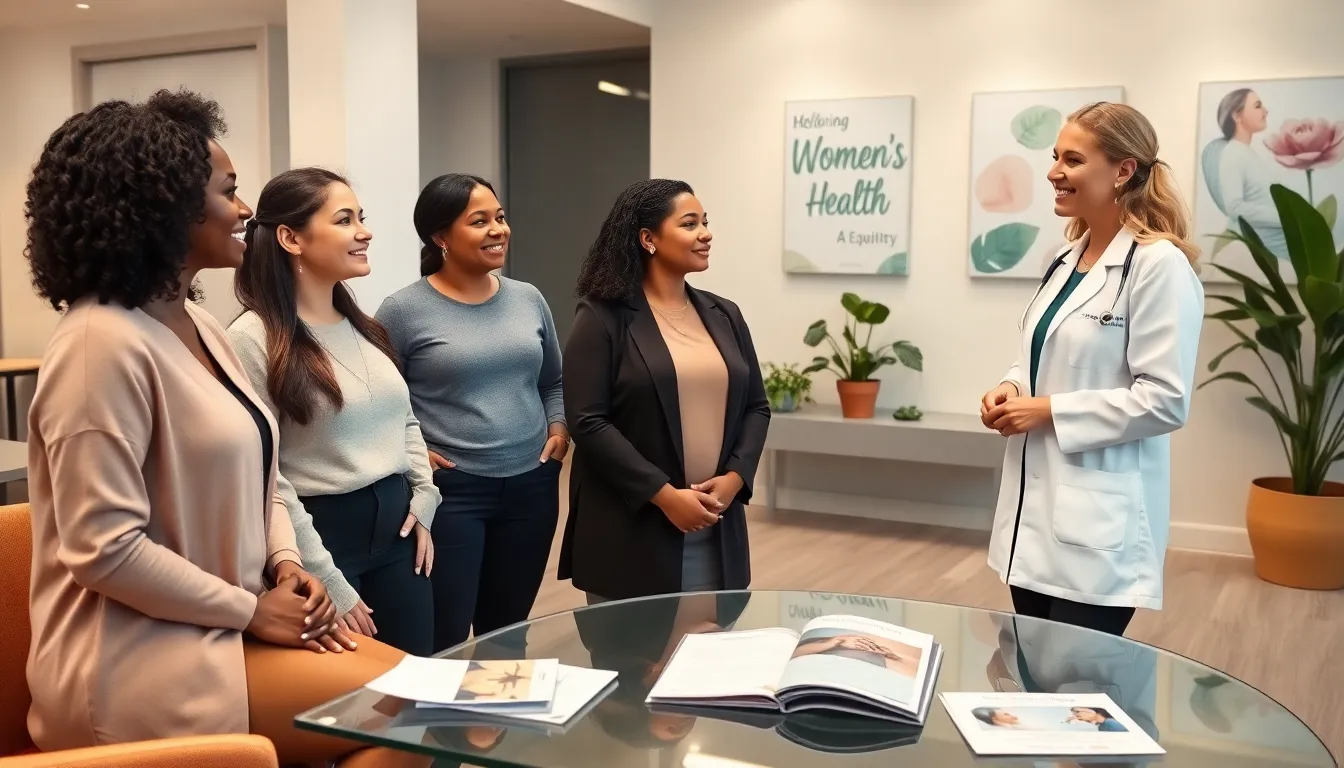 diverse women consulting in a welcoming health clinic.