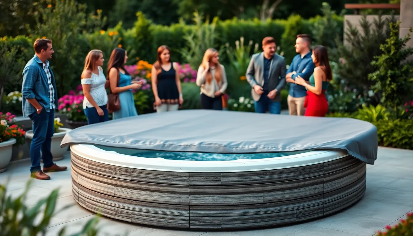 jacuzzi hot tub with a protective cover in a serene outdoor setting.