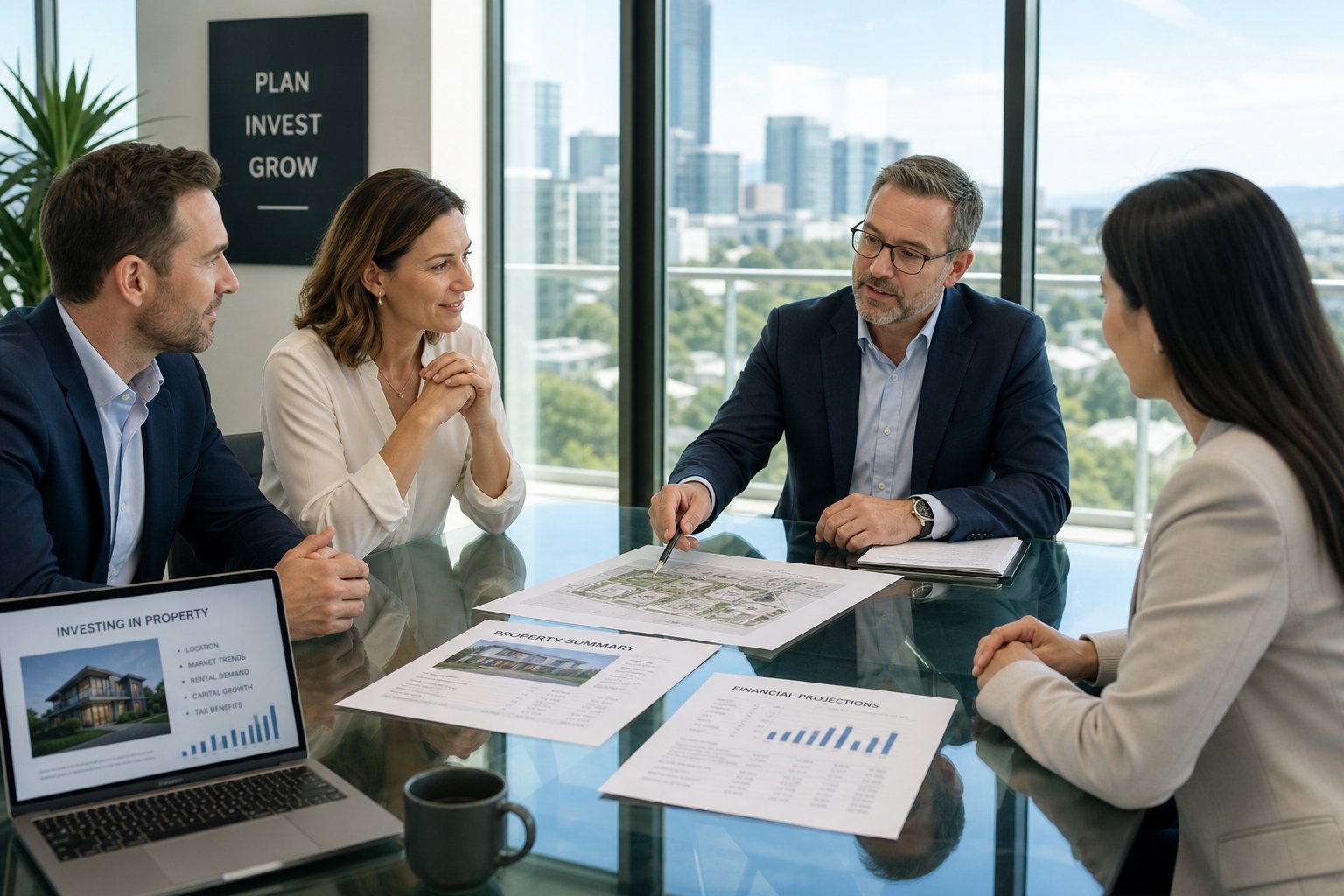 Commercial Mortgage Broker Lytham 12 Commercial mortgage discussion with business partners and adviser in a glass-walled office.