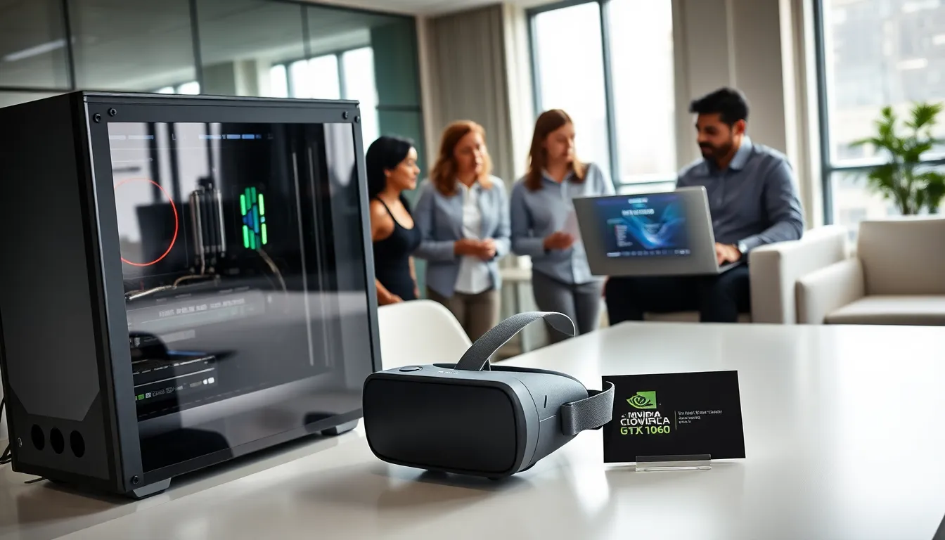 professionals discussing VR headset compatibility in a modern office.