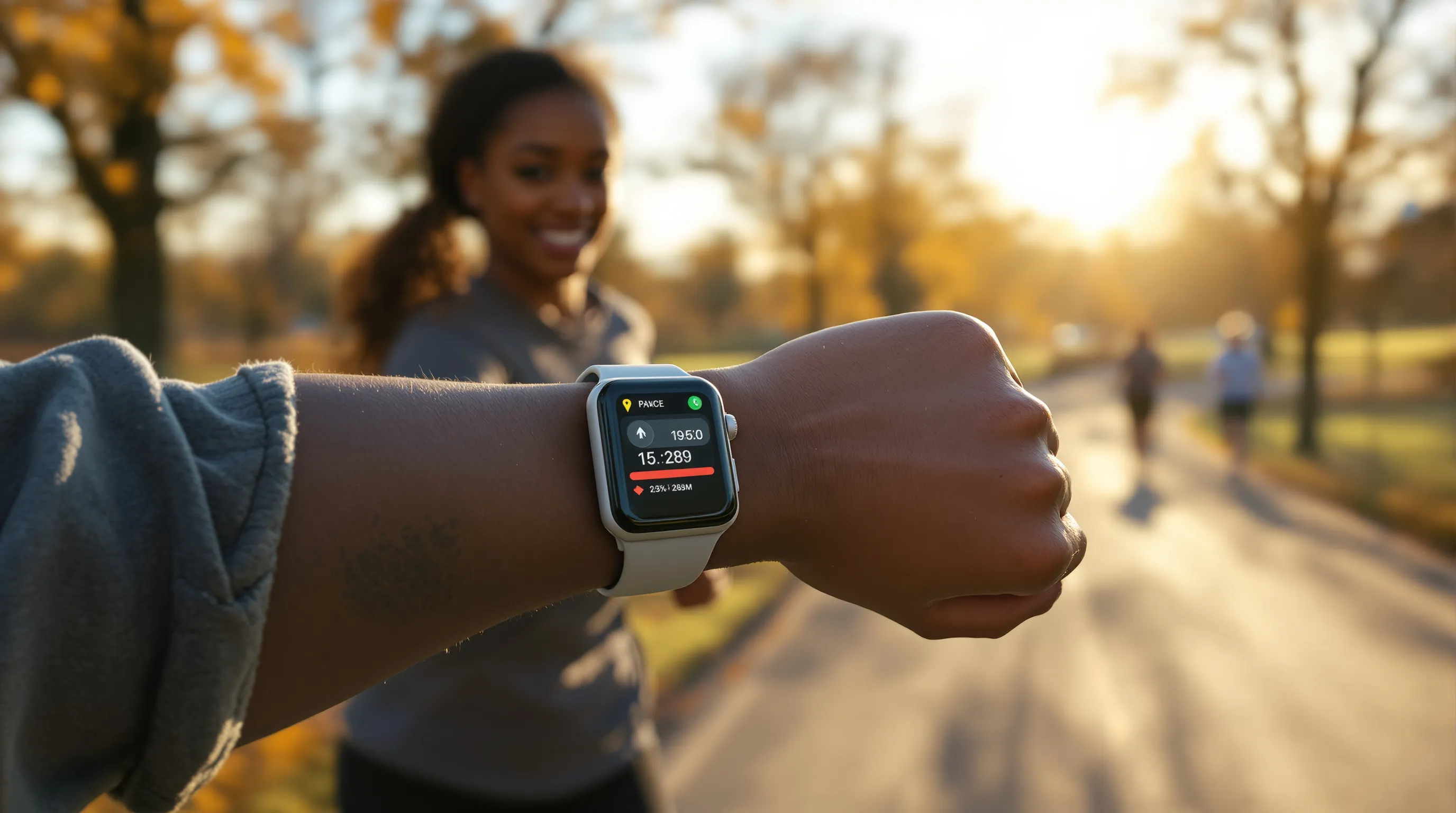 Runner checks Apple Watch workout app with map, pace, and heart-rate zones.