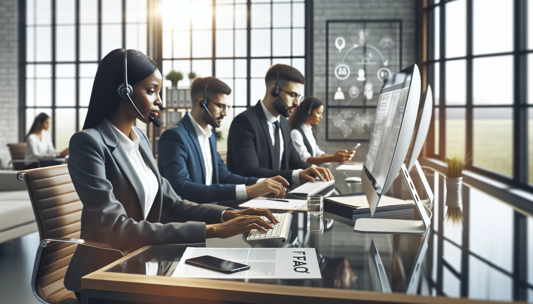 diverse customer service team assisting clients in a modern office.