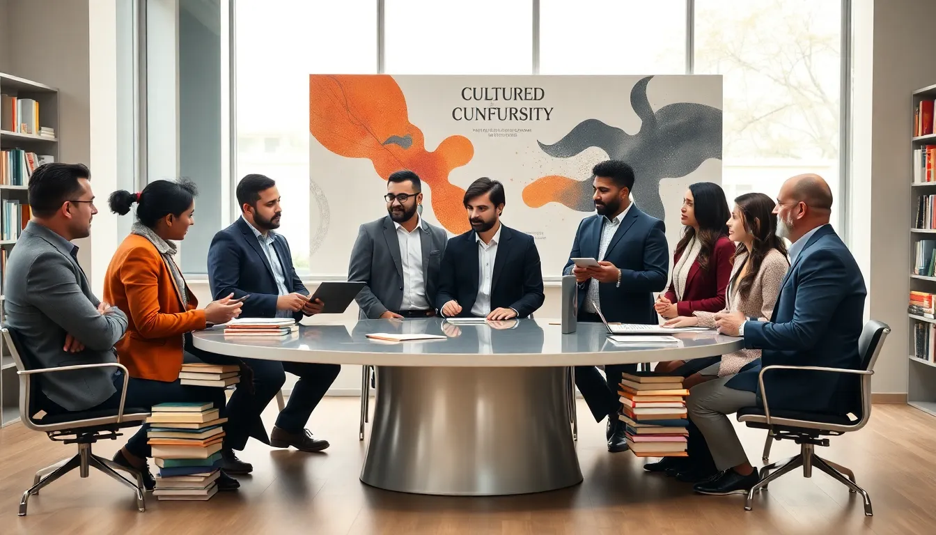 diverse scholars discussing cultural concepts in a modern conference setting.