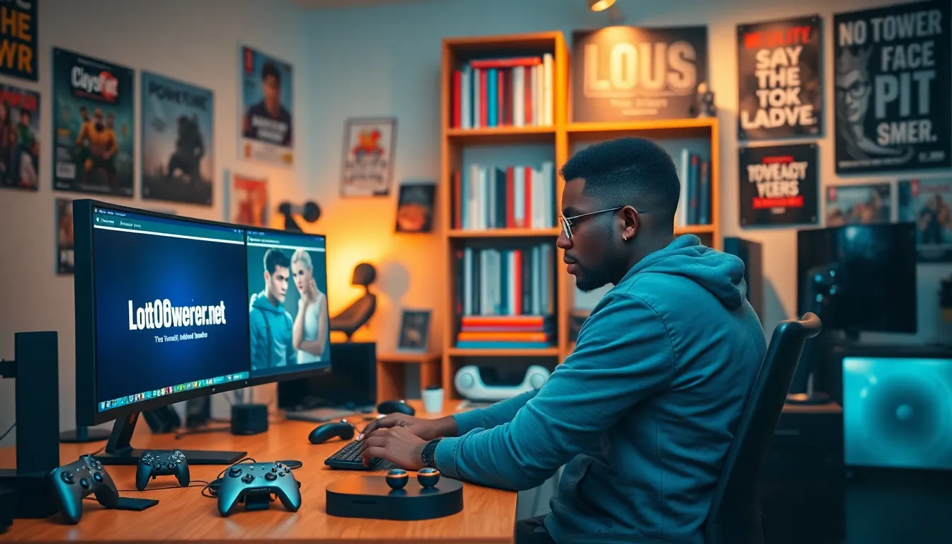 a tech enthusiast working in a modern workspace filled with gadgets and screens.