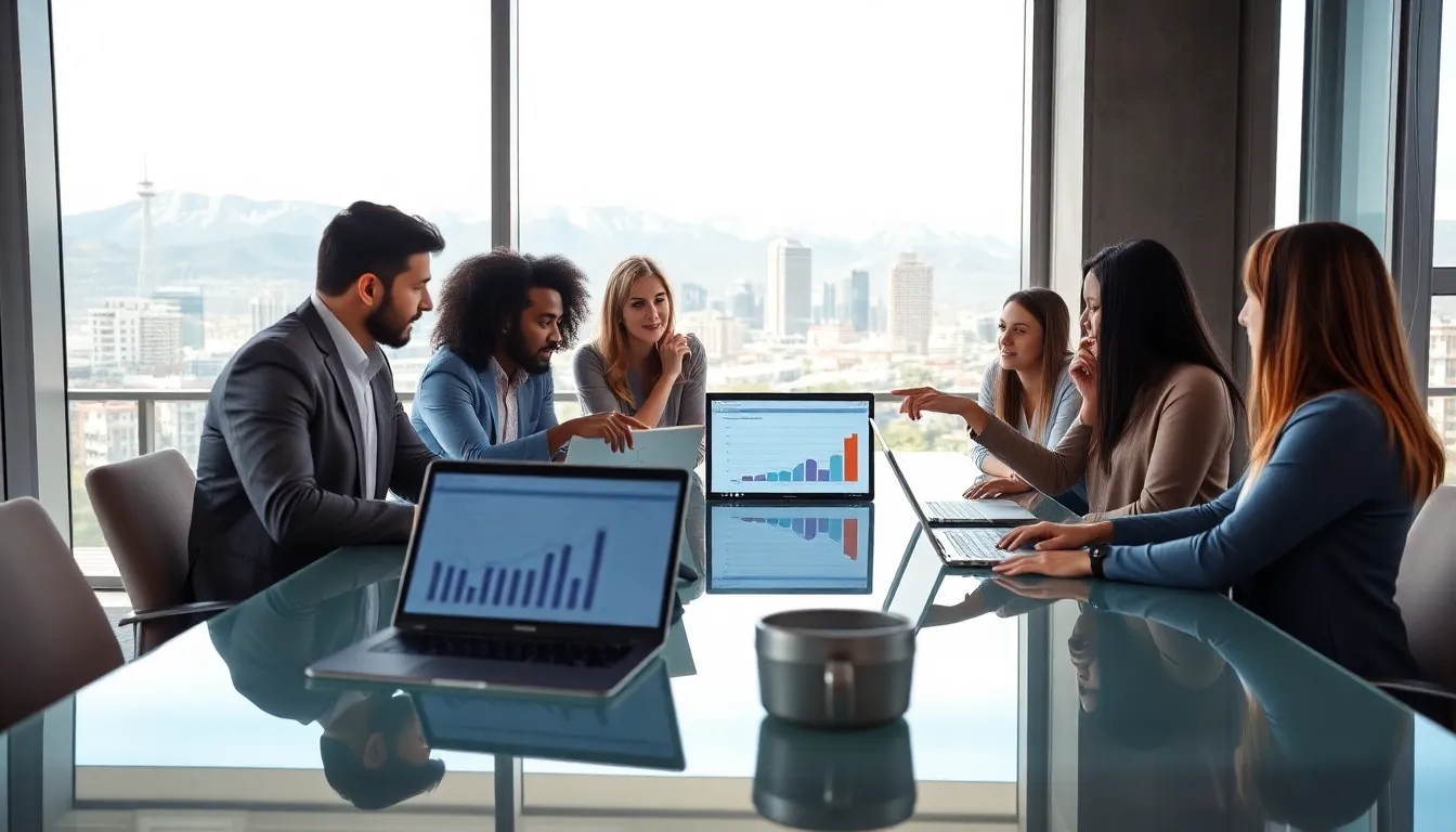 diverse real estate team analyzing market trends in a modern office setting.