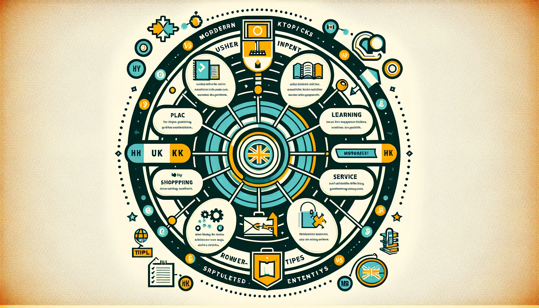Modern SEO keywords shown as intent-led clusters, entities, and supportive markup.