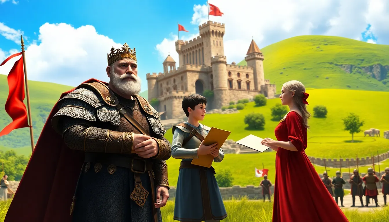 medieval characters strategizing in front of a castle inspired by Crusader Kings II.