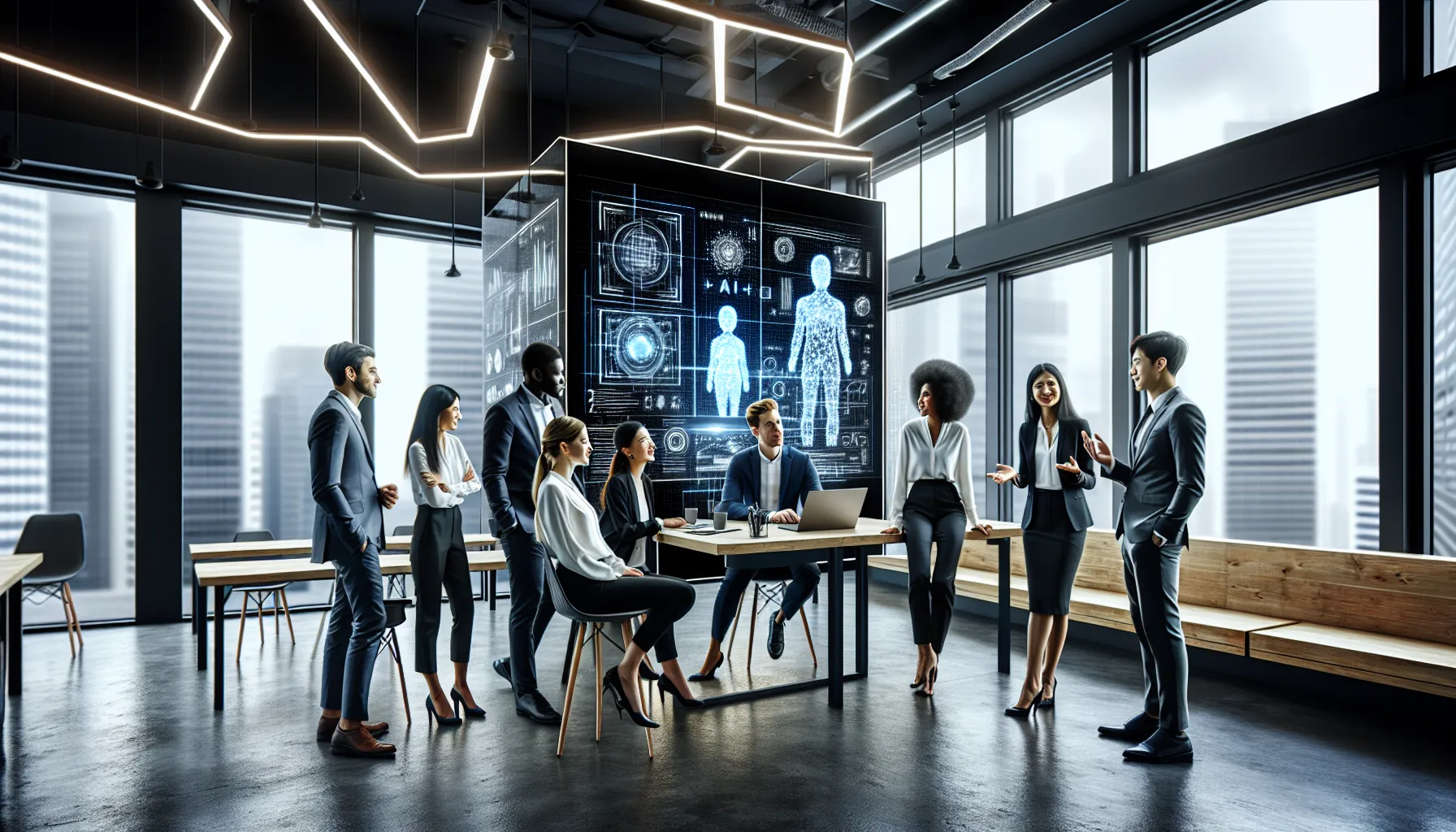 diverse team discussing technology concepts in a modern office.