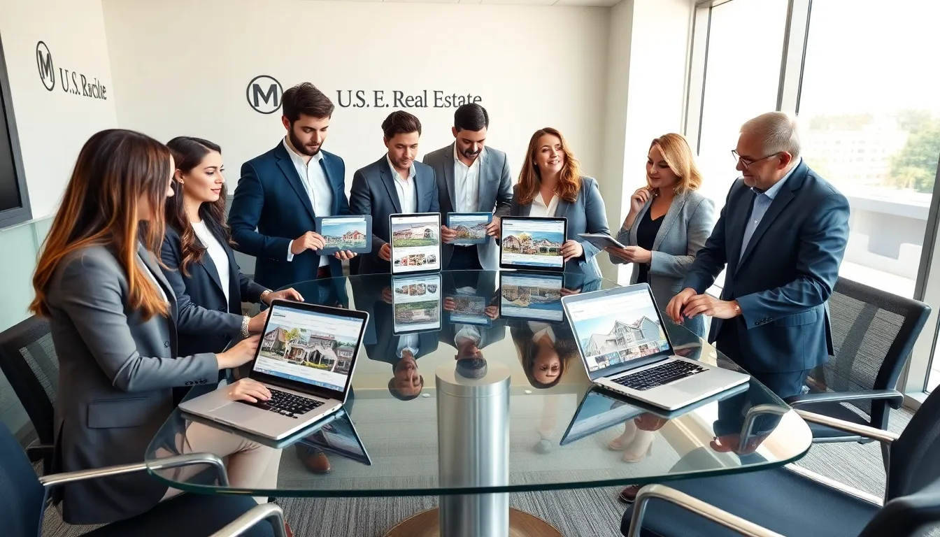 diverse real estate team discussing market trends in an office.