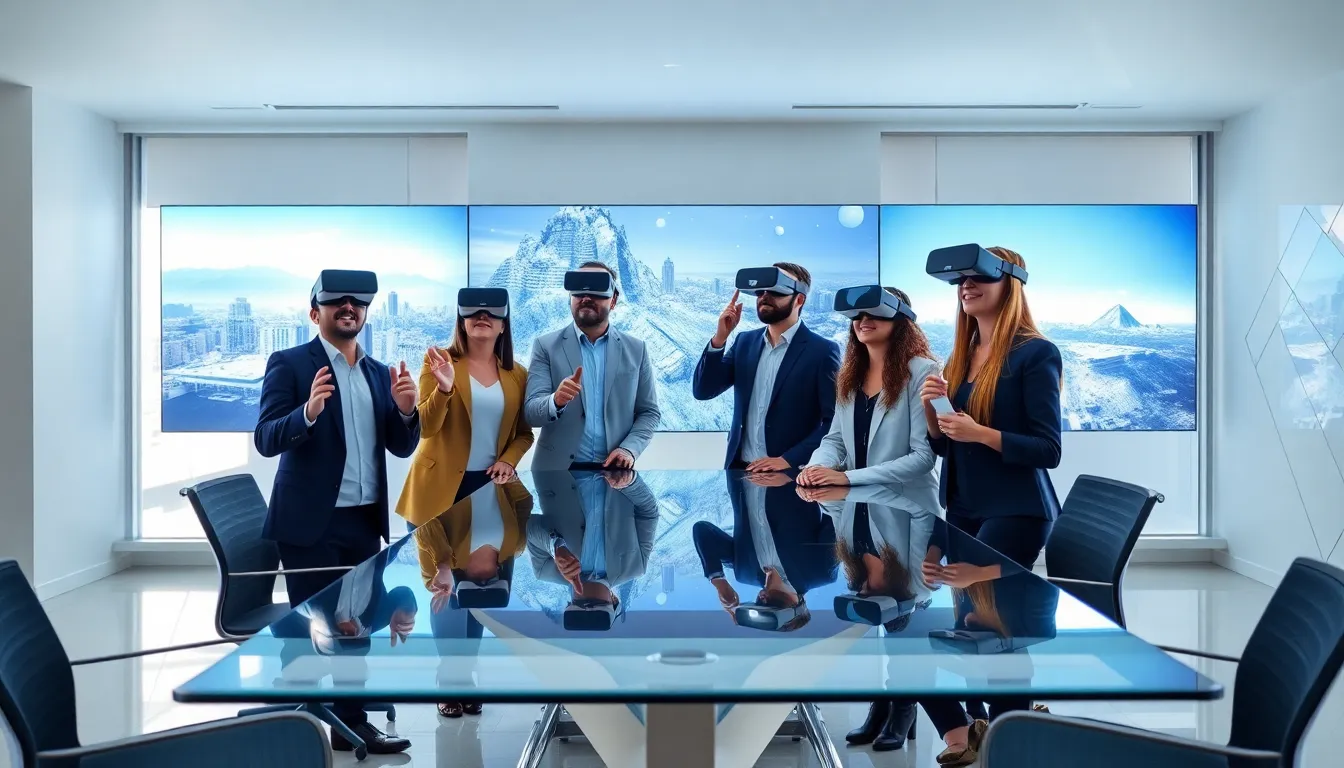 diverse team using VR headsets in a modern office setting.