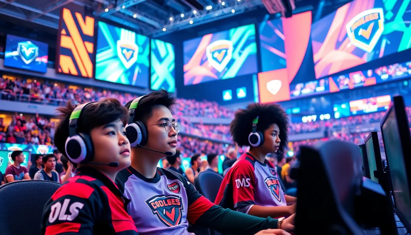 diverse esports players competing in a vibrant arena.