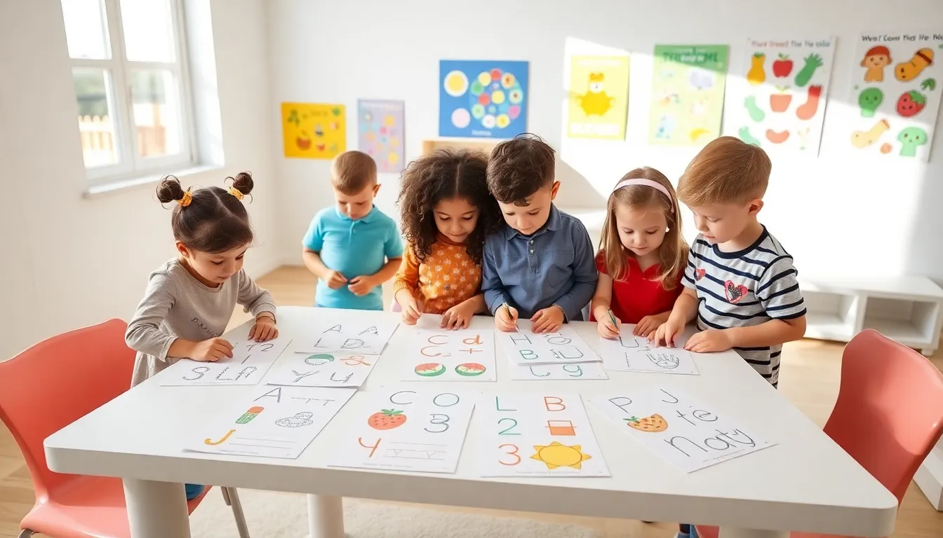 preschool children engaging with colorful printable worksheets in a bright classroom.