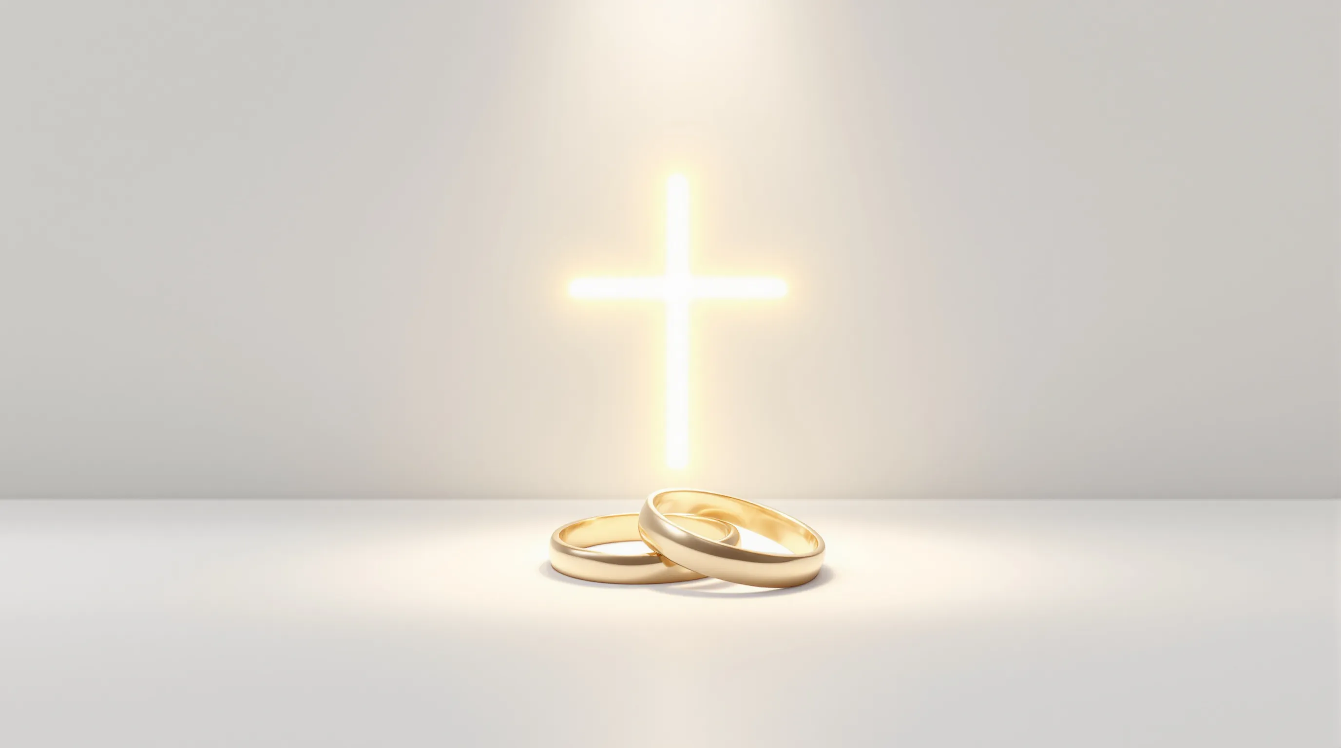Two golden wedding rings under a soft beam of divine light on white background.
