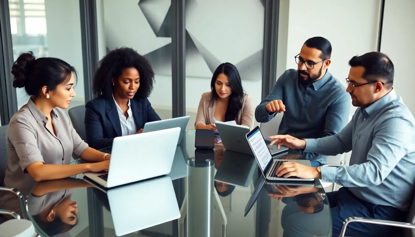 diverse team collaborating on email communication in a modern office.