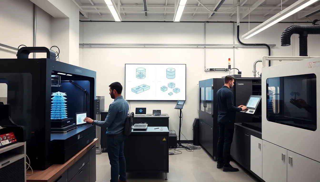 technicians working with 3D printing and injection molding in a modern workshop.