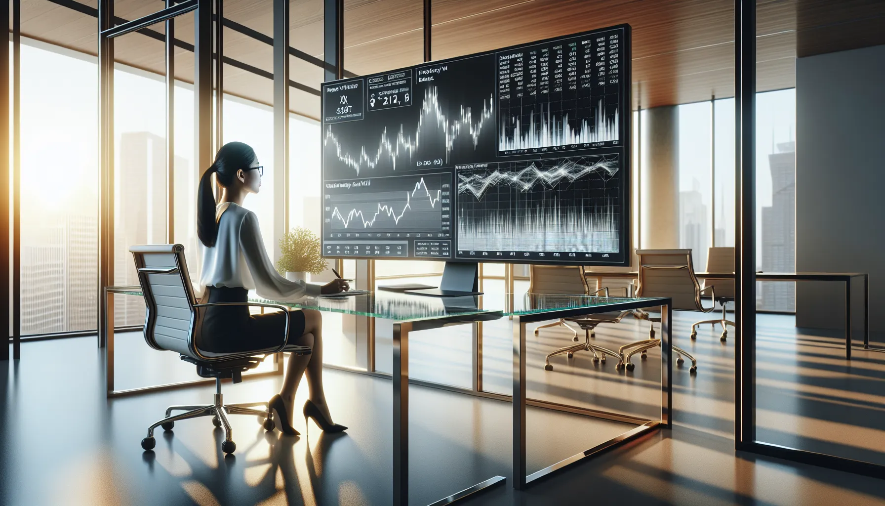 financial analyst reviewing market indicators in a modern office.