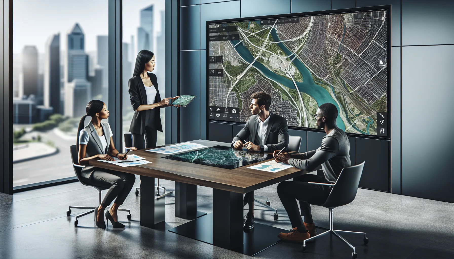 diverse professionals collaborating on different types of maps in a modern office.